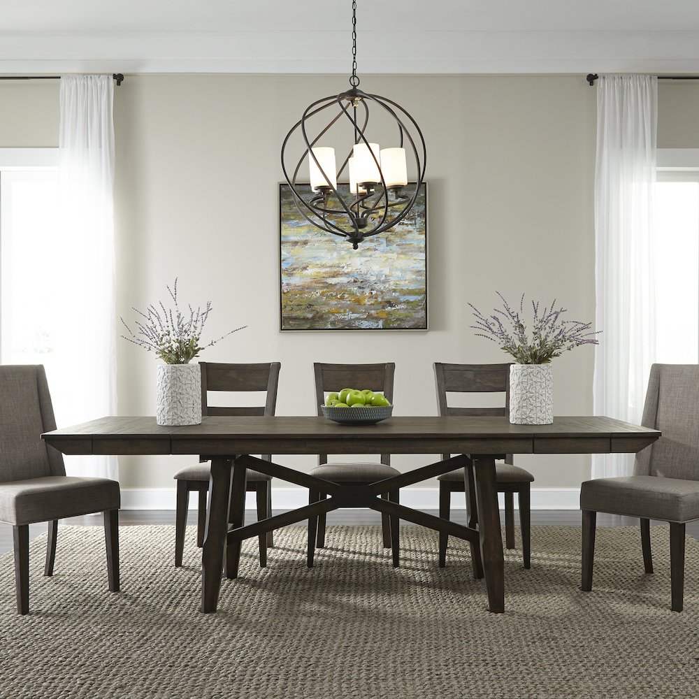 Double Bridge Trestle Table Set in Rubberwood Solids and Acacia Veneers