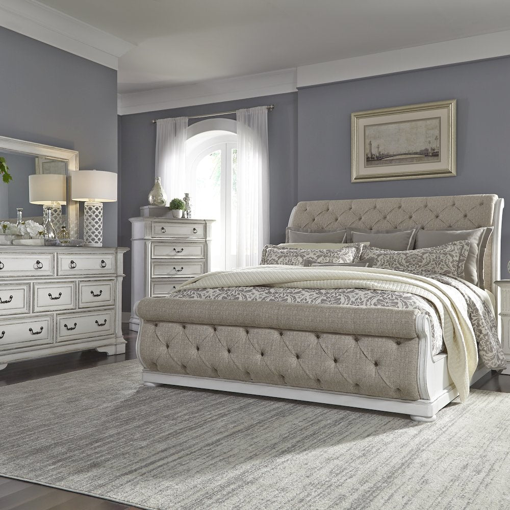 Abbey Park King Uph Sleigh Bed, Dresser & Mirror, Chest