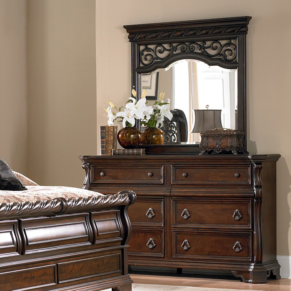 Arbor Place King California Sleigh Bed, Dresser & Mirror, Night Stand