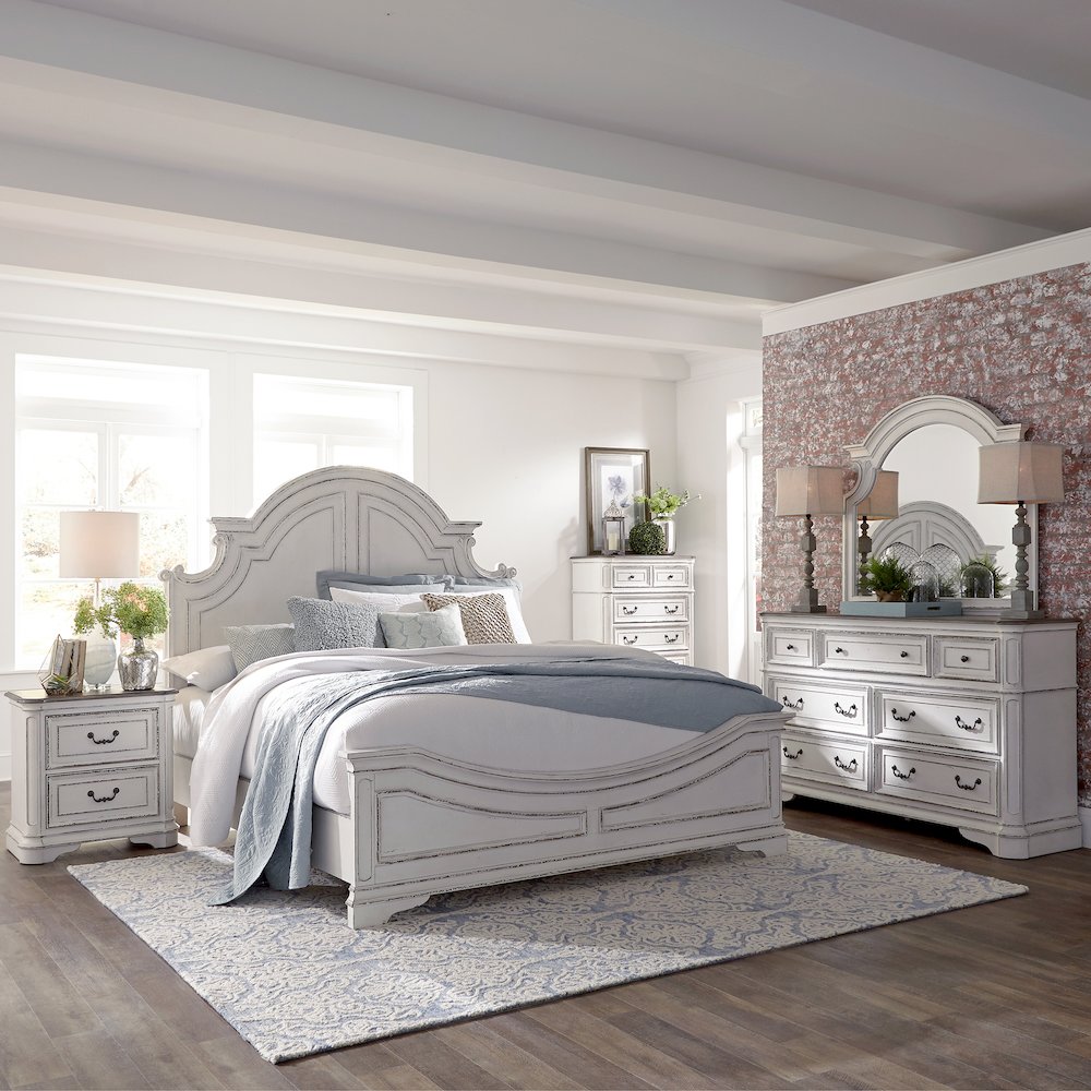 Queen Panel Bed, Dresser & Mirror, Chest, Night Stand - Antique White