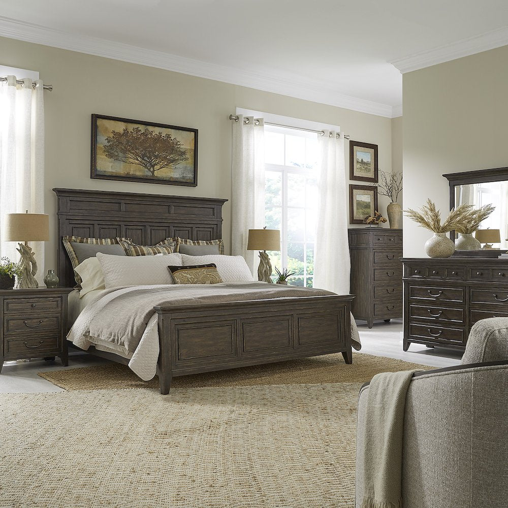 Queen Panel Bed, Dresser & Mirror, Chest, Night Stand - Saddle Brown