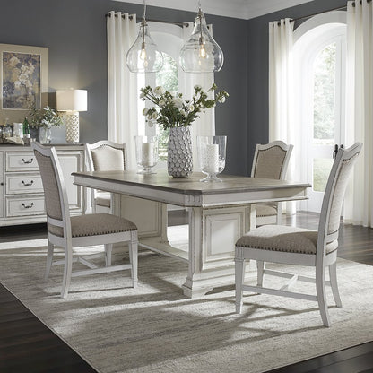 5 Piece Trestle Table Set in Rubberwood Solids w/ White Oak & Birch Veneers