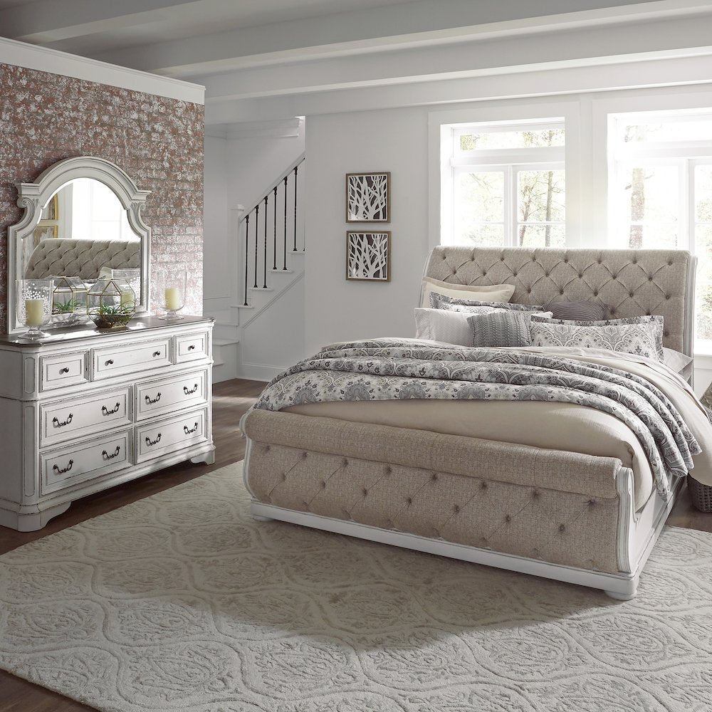 Queen Upholstered Sleigh Bed, Dresser & Mirror - Antique White & Weathered Bark