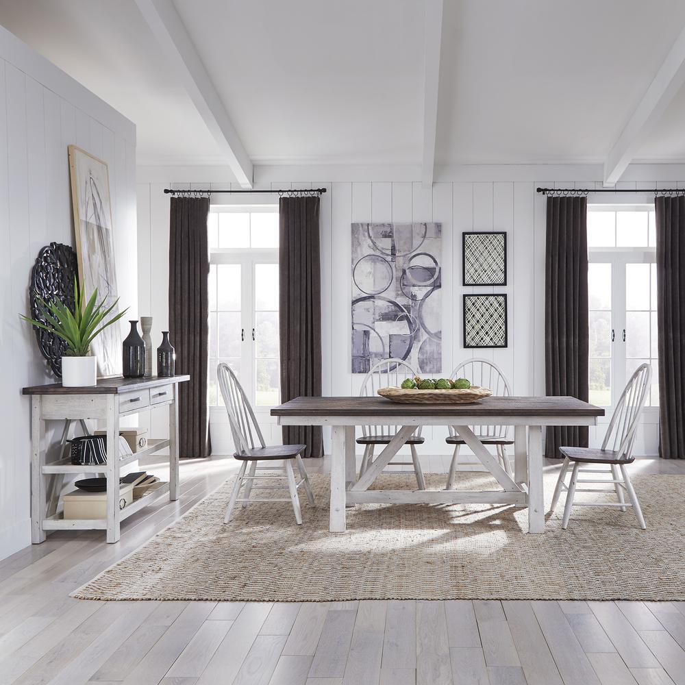 Farmhouse 5 Piece Trestle Table Set in Two Tone White w/ Wood Tone Top