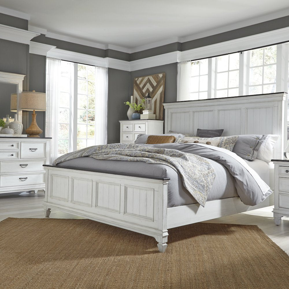 Queen Panel Bed, Dresser & Mirror, Chest - Wirebrushed White w/ Charcoal Tops