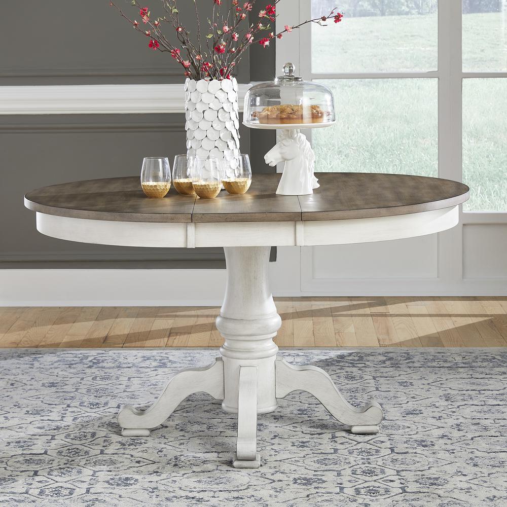 Ocean Isle Pedestal Table Set in Antique White w/ Weathered Pine