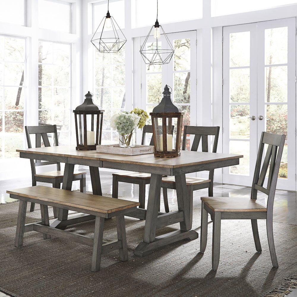Lindsey Farm 6 Piece Trestle Table Set in Rubberwood Solids & Veneers w/ MDF