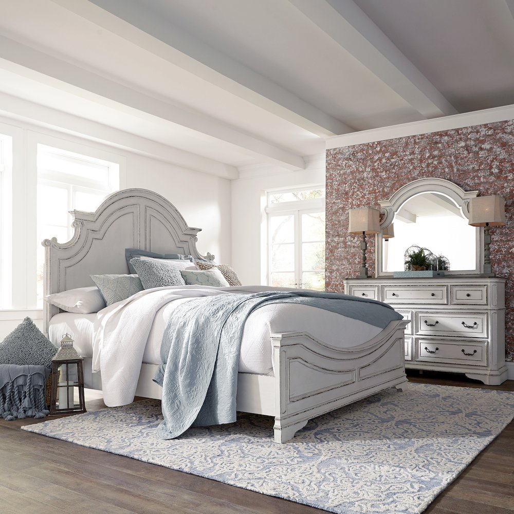 Queen Panel Bed, Dresser & Mirror - Antique White & Weathered Bark