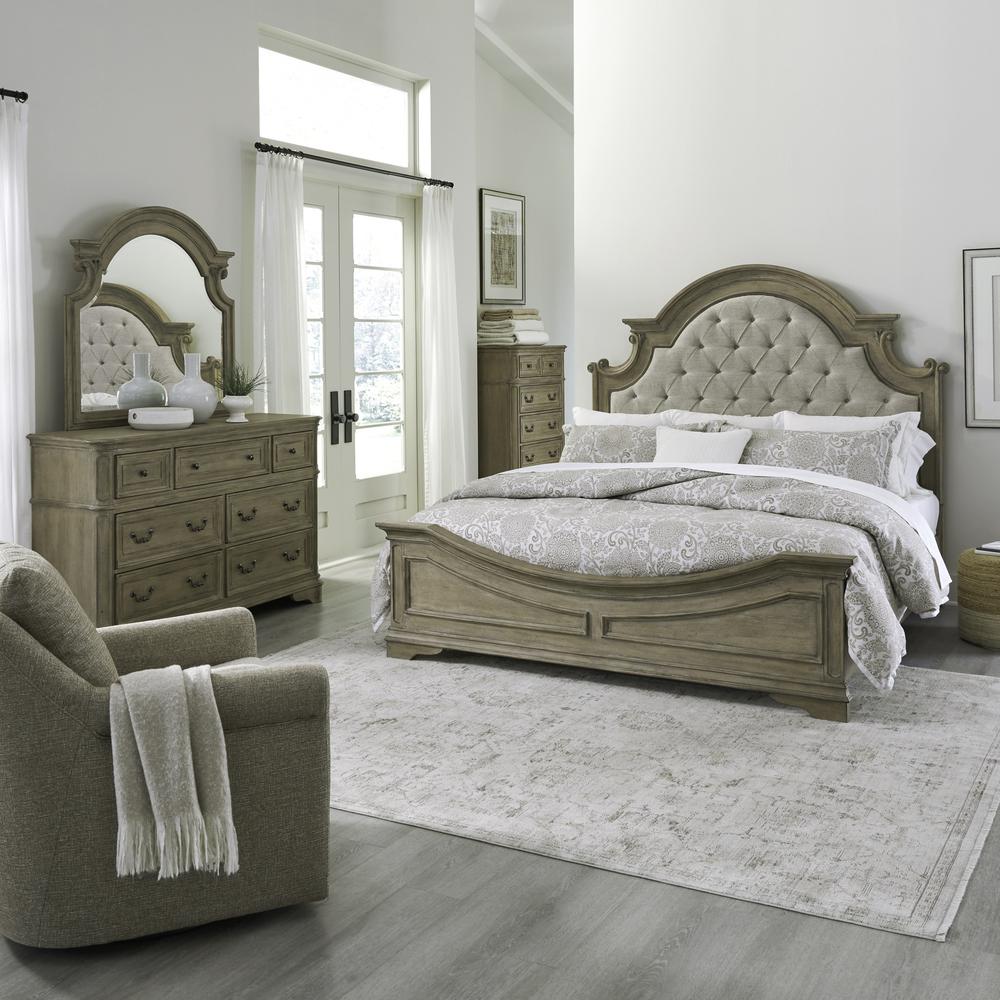 Magnolia Manor King Upholstered Bed, Dresser & Mirror, Chest - Weathered Bisque