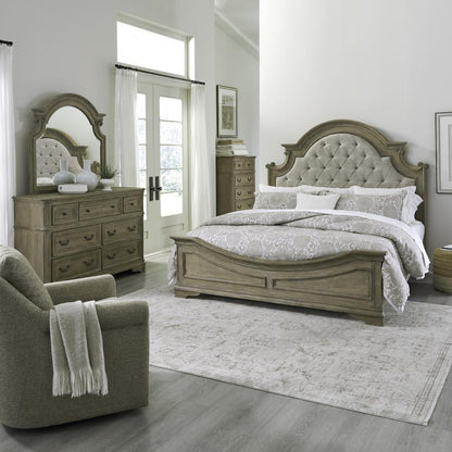 Magnolia Manor King Upholstered Bed, Dresser & Mirror, Chest - Weathered Bisque