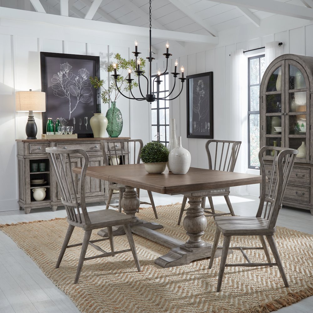 River Place River Place 5 Piece Trestle Table Set - Riverstone Gray & Tobacco