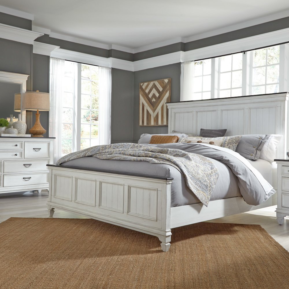 Queen Panel Bed, Dresser & Mirror - Wirebrushed White w/ Charcoal Tops