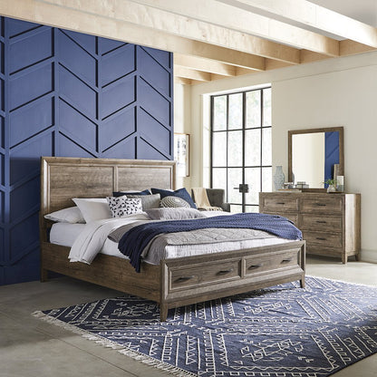 Queen Storage Bed, Dresser & Mirror in Rubberwood Solids w/ Paper Laminate