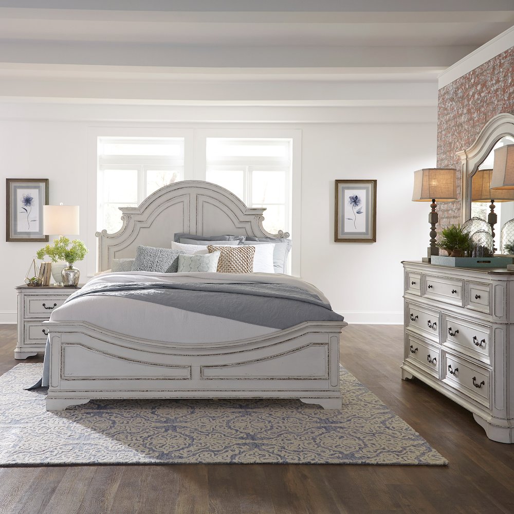 California King Panel Bed, Dresser & Mirror, Night Stand - Antique White