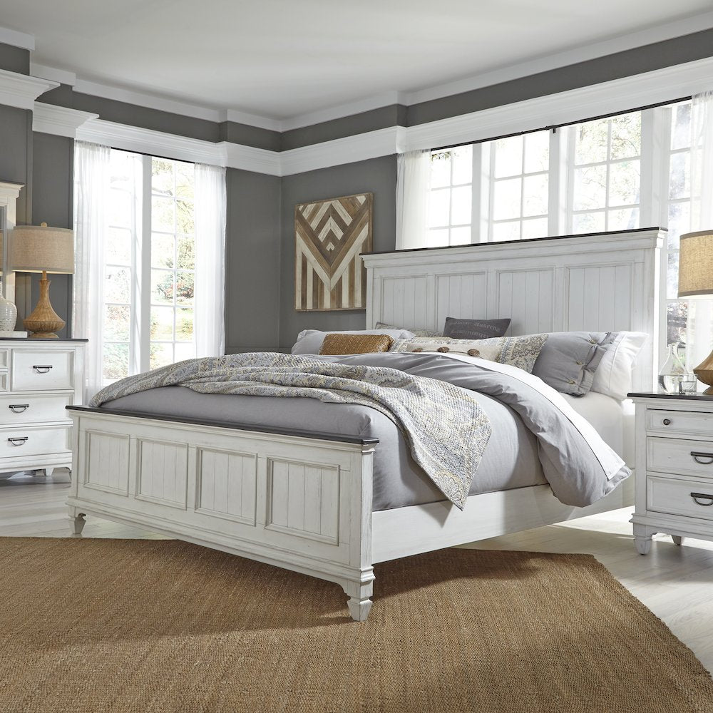 Queen Panel Bed, Dresser & Mirror, Night Stand - White w/ Charcoal Tops