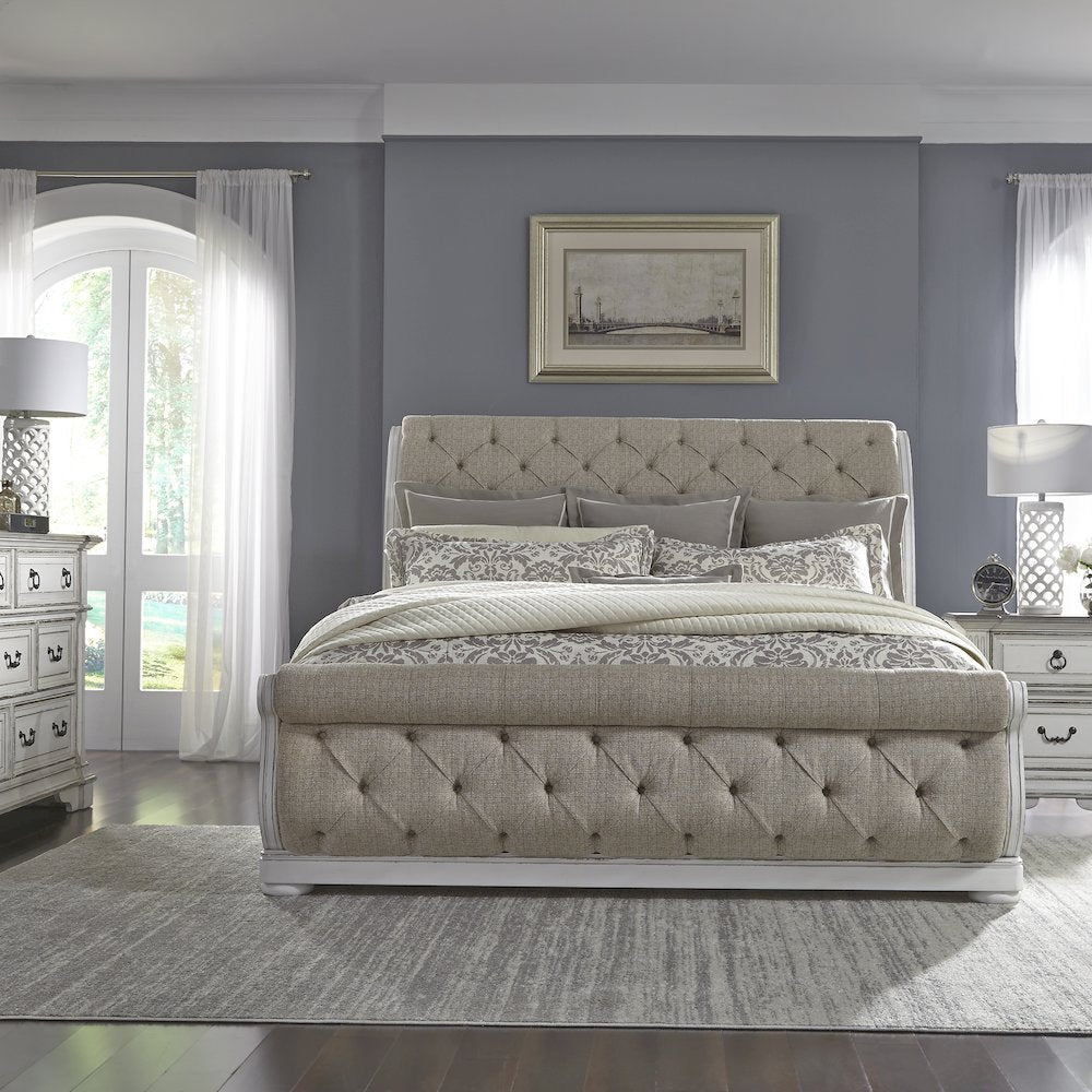 Abbey Park King Uph Sleigh Bed, Dresser & Mirror, Night Stand