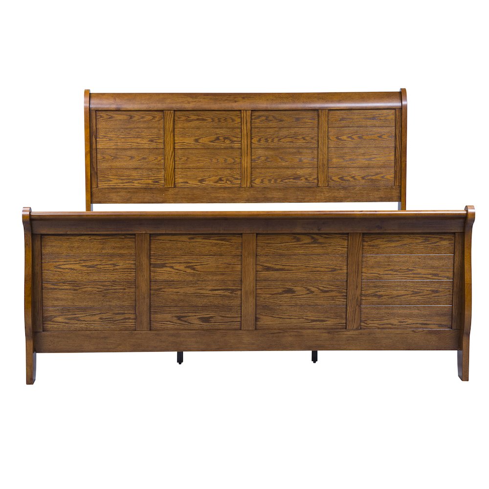 King Sleigh Bed, Dresser & Mirror, Chest in Rubberwood Solids & Oak Veneers
