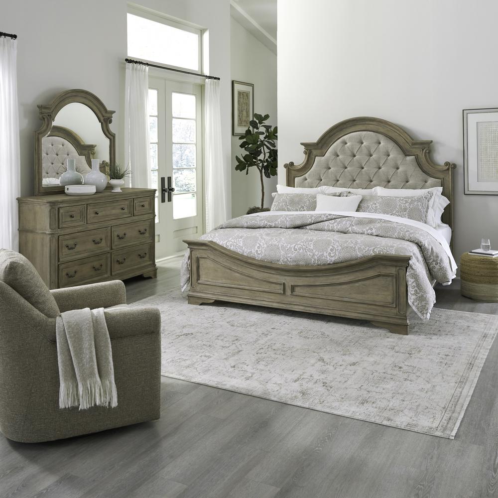 Magnolia Manor Queen Upholstered Bed, Dresser & Mirror - Weathered Bisque
