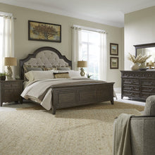 Queen Upholstered Bed, Dresser & Mirror, Night Stand - Saddle Brown