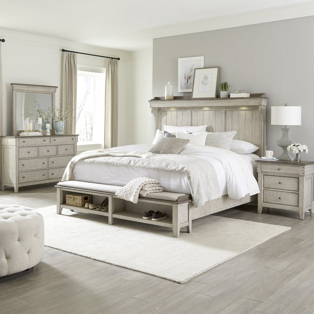 Ivy Hollow Queen Mantle Storage Bed, Dresser & Mirror, Night Stand