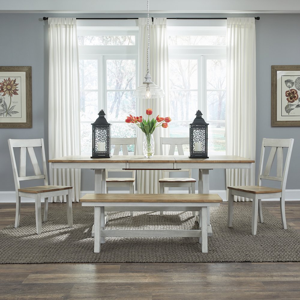 Lindsey Farm 6 Piece Trestle Table Set in Rubberwood Solids & Veneers w/ MDF