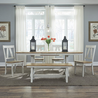 Lindsey Farm 6 Piece Trestle Table Set in Rubberwood Solids & Veneers w/ MDF