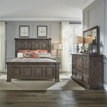 Big Valley Queen Panel Bed, Dresser & Mirror - Brownstone w/ Heavy Distressing