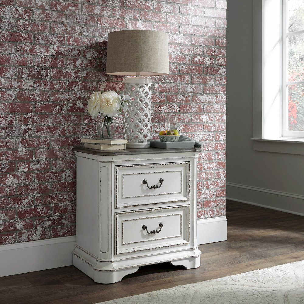 King Upholstered Bed, Dresser & Mirror, Chest, Night Stand - Antique White