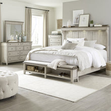 Queen Mantle Storage Bed, Dresser & Mirror, Chest - Linen w/ Dusty Taupe Tops