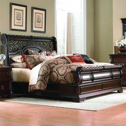King Sleigh Bed, Dresser & Mirror in Poplar Solids & Birch Veneers & Metal
