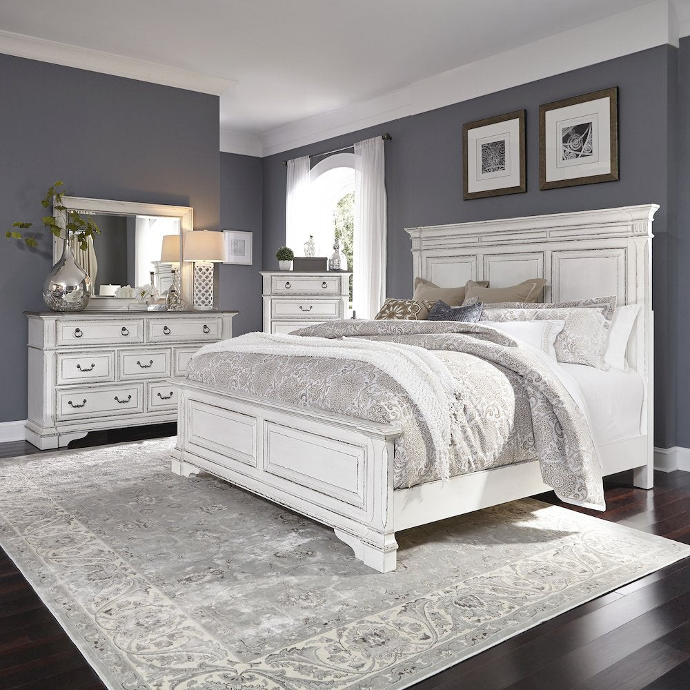Abbey Park Queen Panel Bed, Dresser & Mirror, Chest