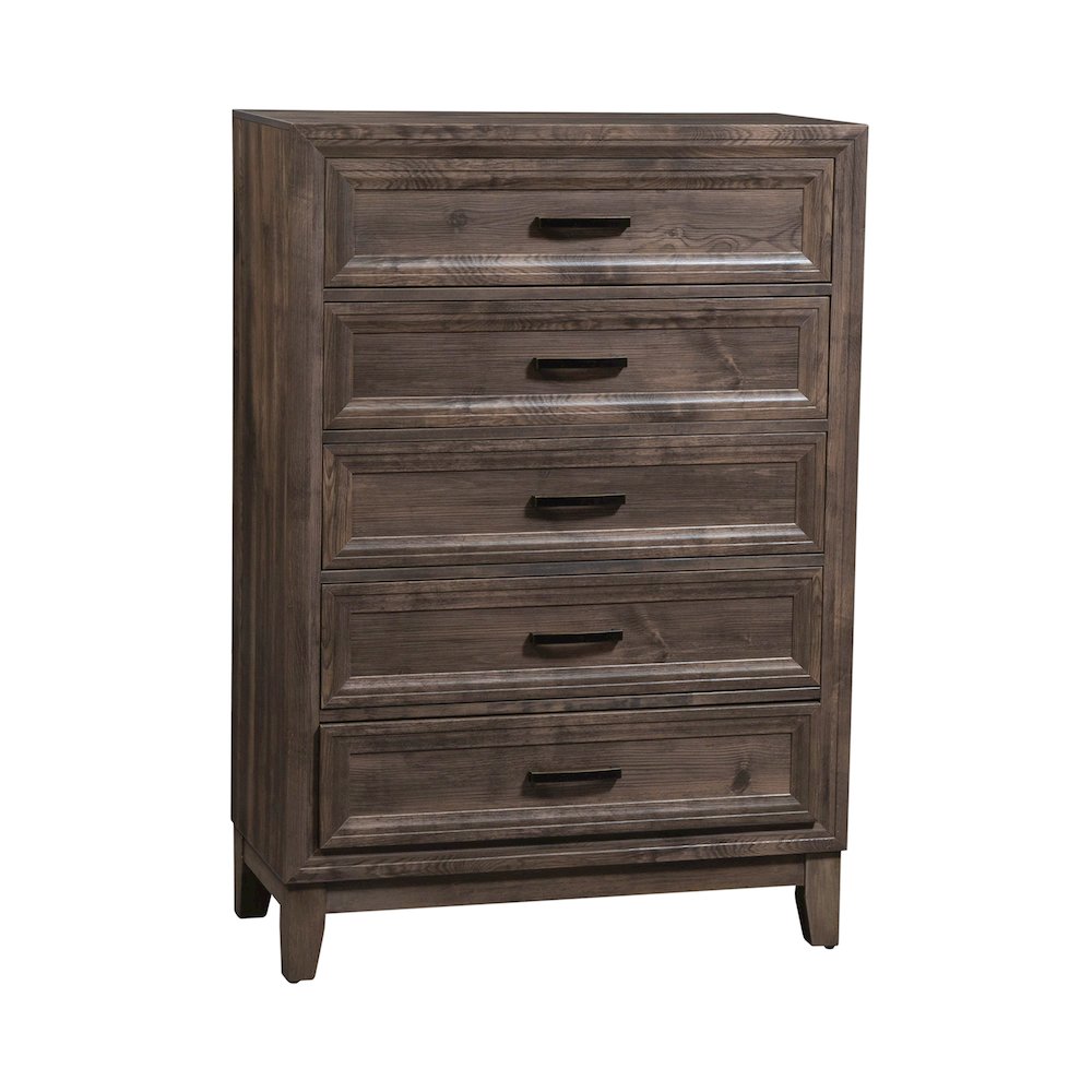 King Panel Bed, Dresser & Mirror, Chest in Rubberwood Solids w/ Paper Laminate