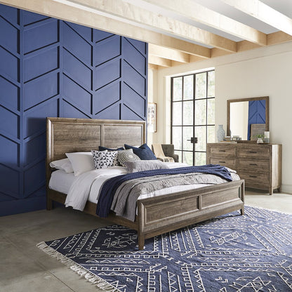 Queen Panel Bed, Dresser & Mirror in Rubberwood Solids w/ Paper Laminate