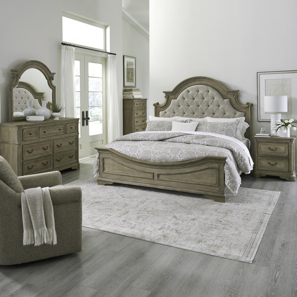 King Upholstered Bed, Dresser & Mirror, Chest, Night Stand - Weathered Bisque