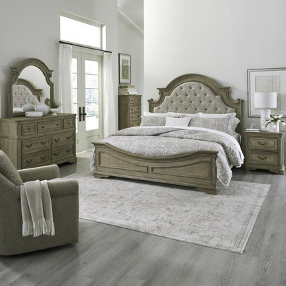 King Upholstered Bed, Dresser & Mirror, Chest, Night Stand - Weathered Bisque