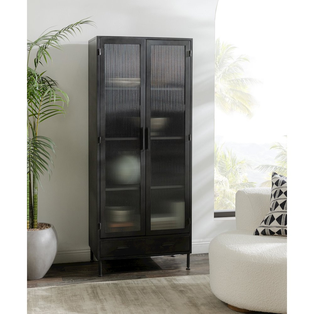 Nore Metal/Glass 2Dr 2 Dwr Tall Cabinet Blackened Steel