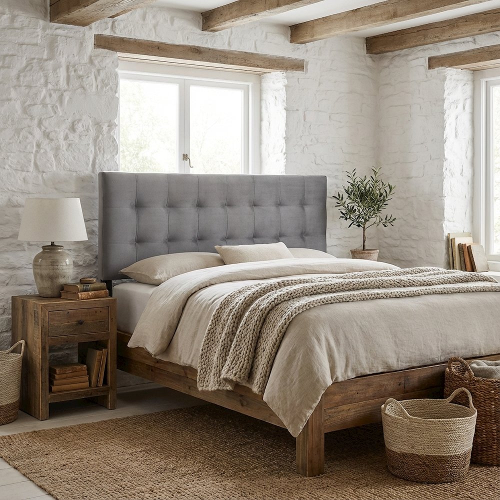 Biscuit Tufted Performance Velvet Queen Headboard in Soft Neutral Fabric