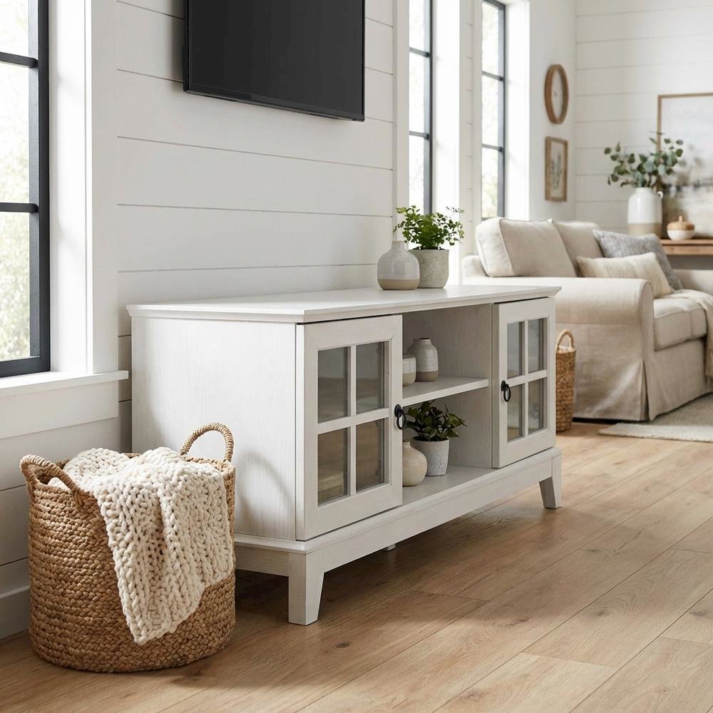 White wood TV stand with 47-inch top and sleek design for modern living spaces