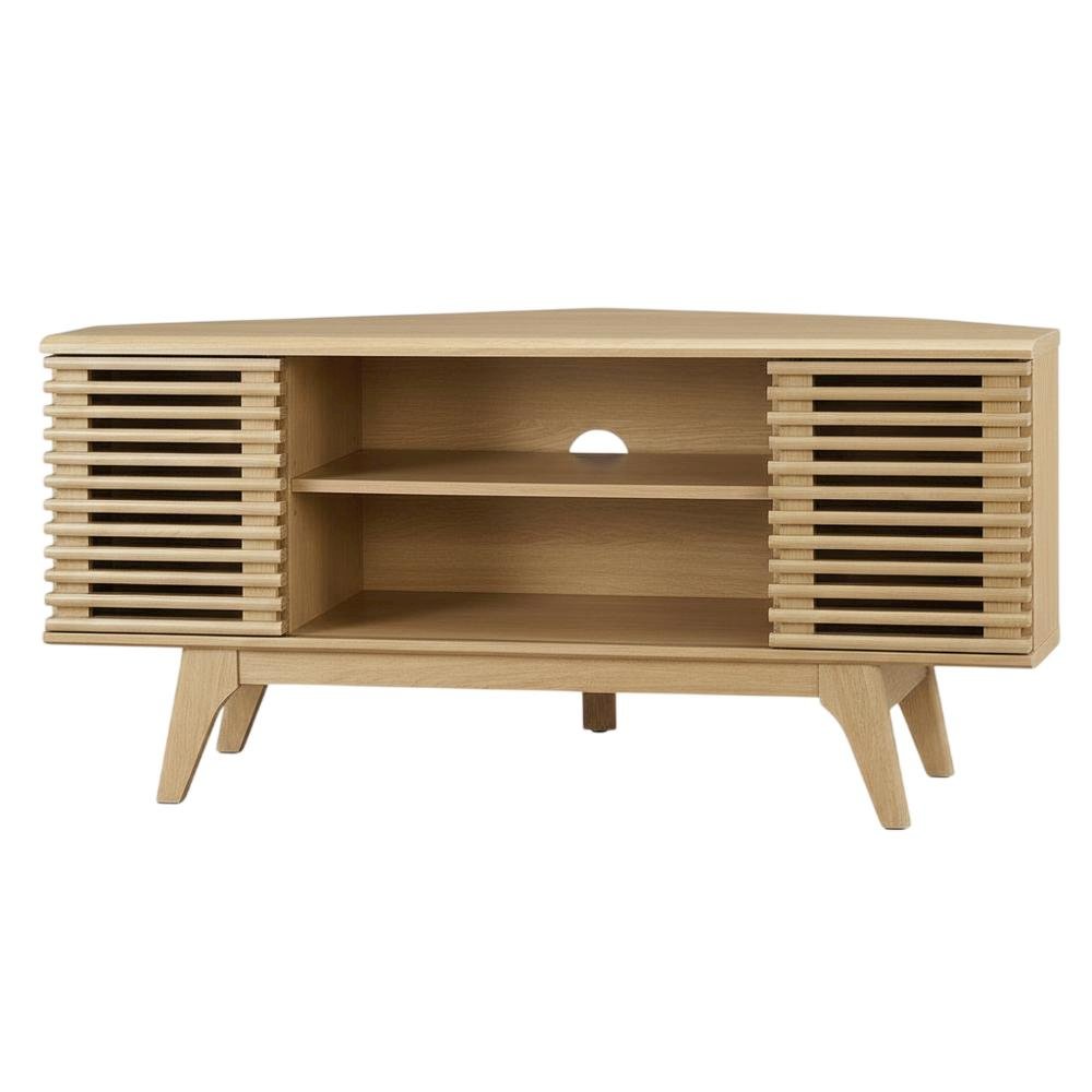 Brown wood corner TV stand with sleek design and sturdy construction