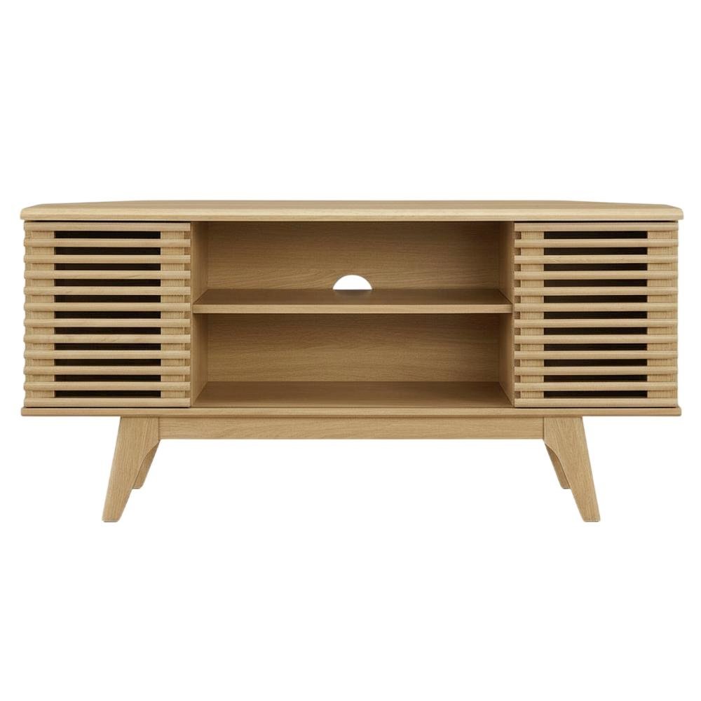 Brown wood corner TV stand with sleek design and sturdy construction