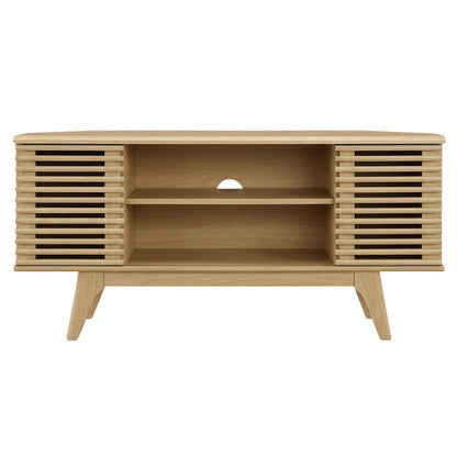 Brown wood corner TV stand with sleek design and sturdy construction