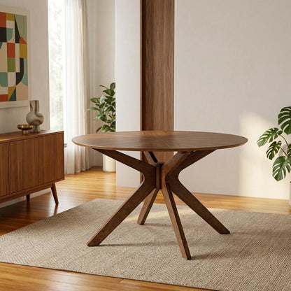 Walnut Round Wood Dining Table, Modern Style, Seats 4
