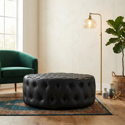 Black Vinyl Ottoman, Contemporary Upholstered Seat for Lounge