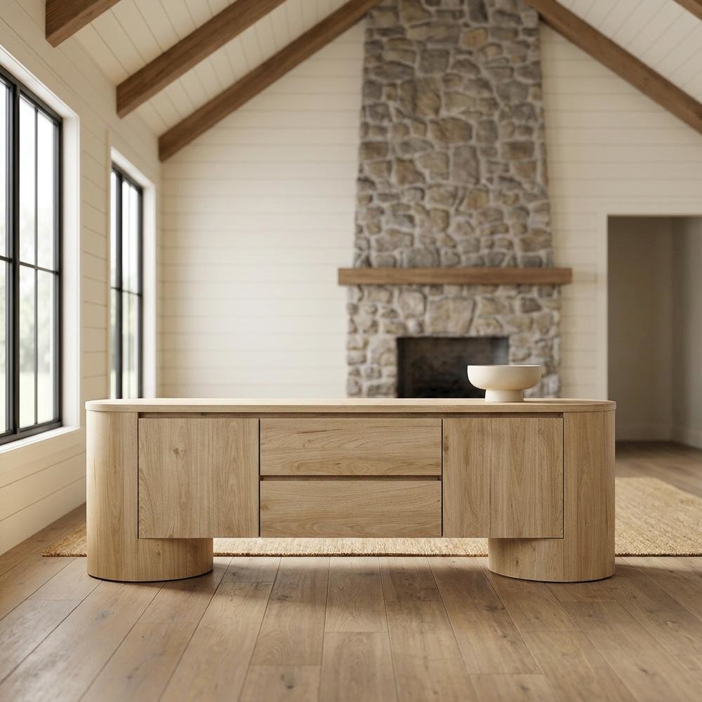 Oval Entertainment Center TV Console Cabinet with Storage and Drawers, Light Oak