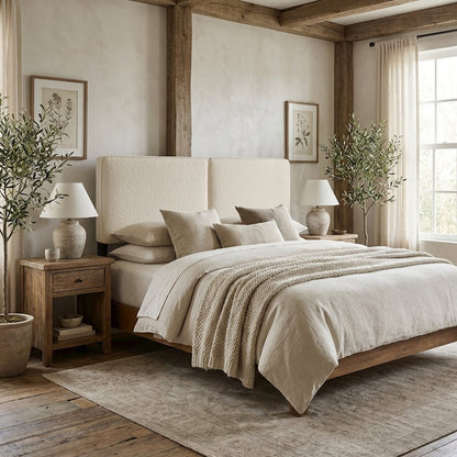 Boucle Fabric King Headboard in Soft Neutral, Sturdy Frame, Elegant Design