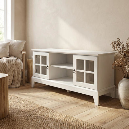 White wood TV stand with 47-inch top and sleek design for modern living spaces
