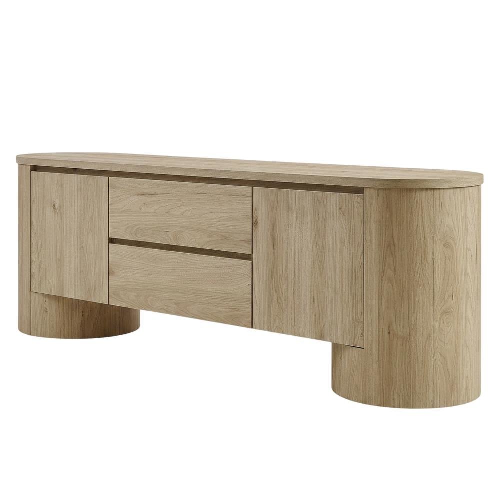Oval Entertainment Center TV Console Cabinet with Storage and Drawers, Light Oak