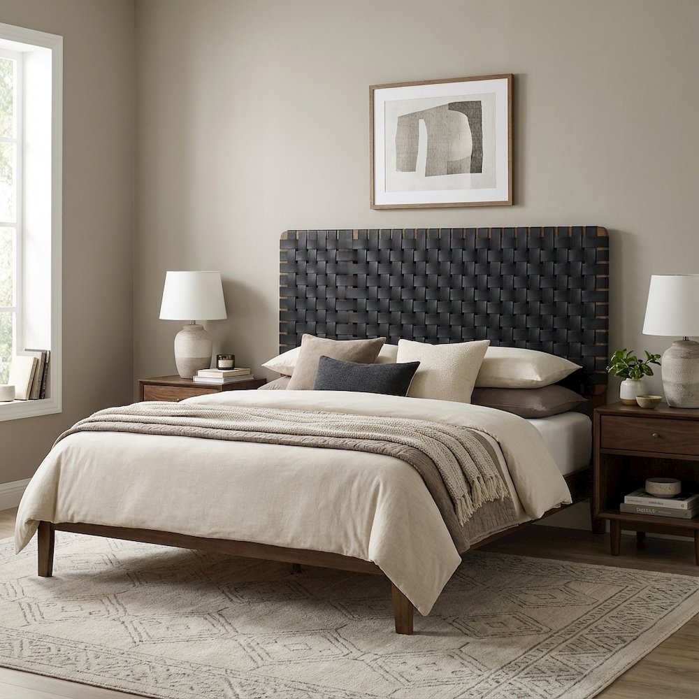 Vegan Leather King Headboard with Woven Texture and Durable Frame