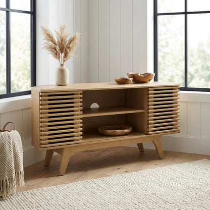 Brown wood corner TV stand with sleek design and sturdy construction