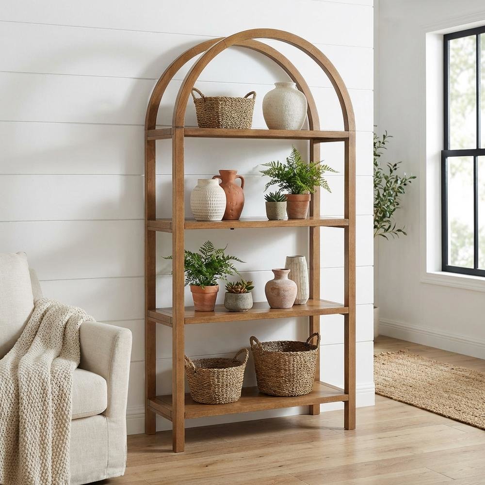 Large arched bookshelf in brown engineered wood for spacious storage